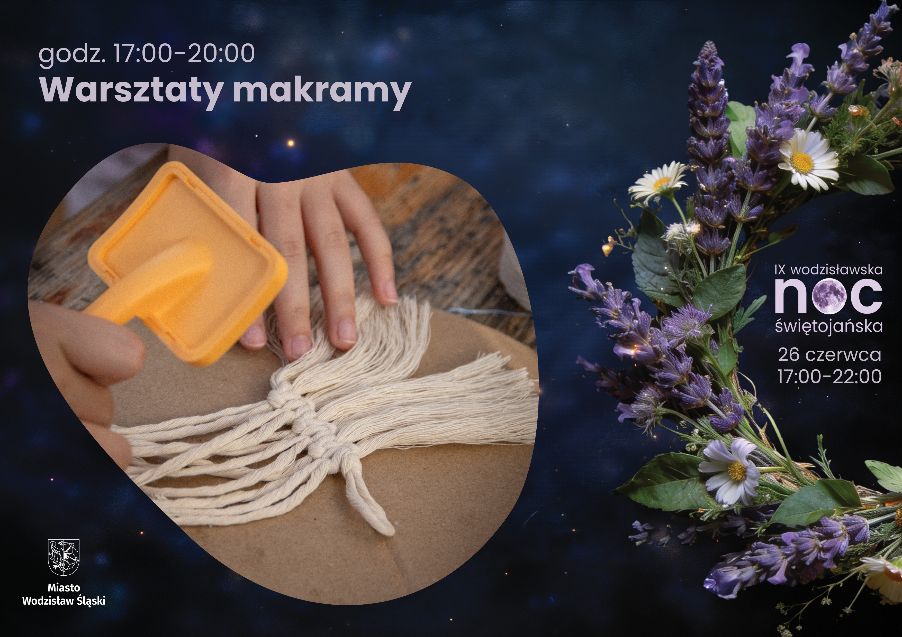 Grafika promująca warsztaty makramy podczas Wodzisławskiej Nocy Świętojańskiej