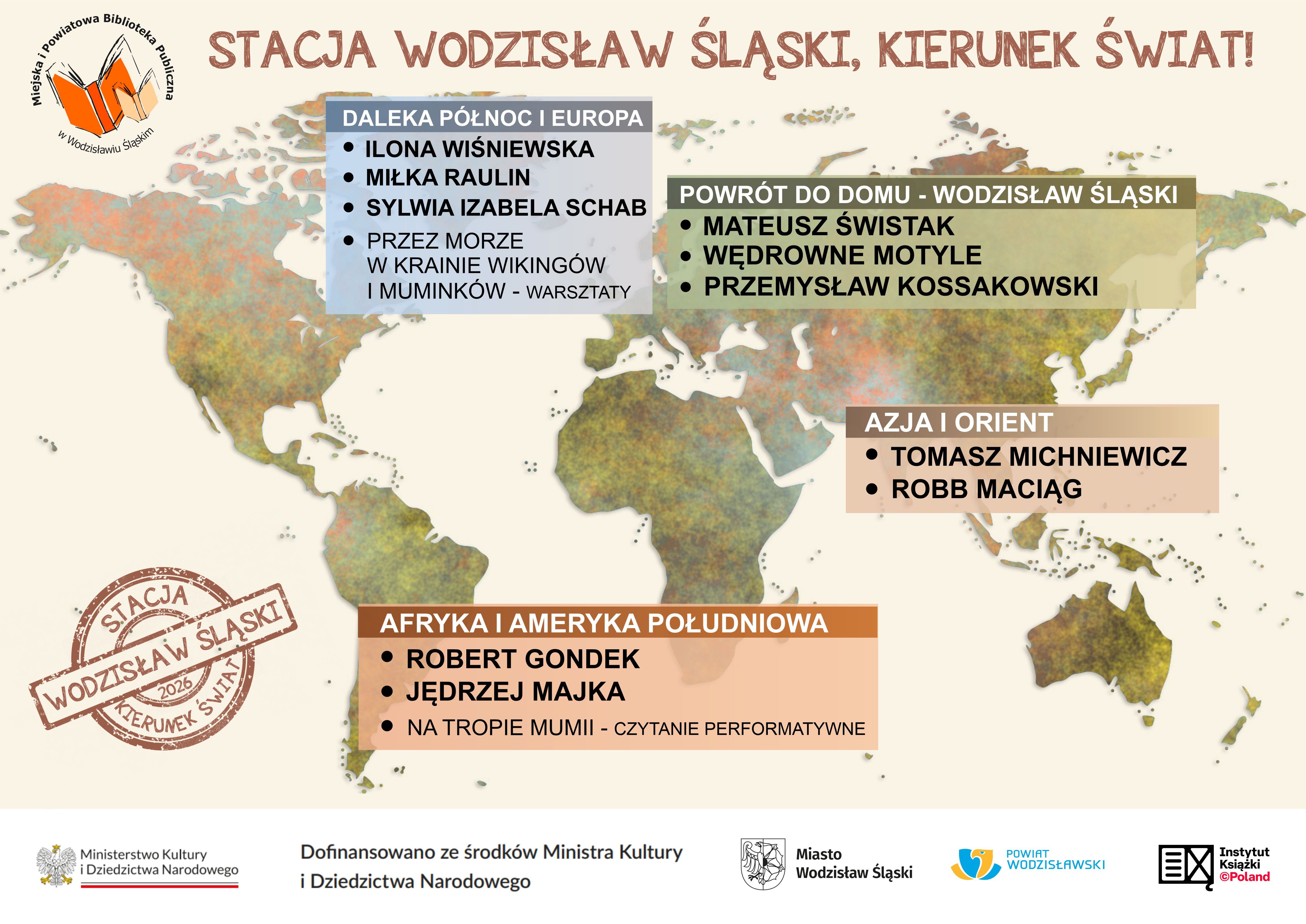Grafika promująca projekt wodzisławskiej Biblioteki "Stacja Wodzisław Śląski, kierunek świat!"