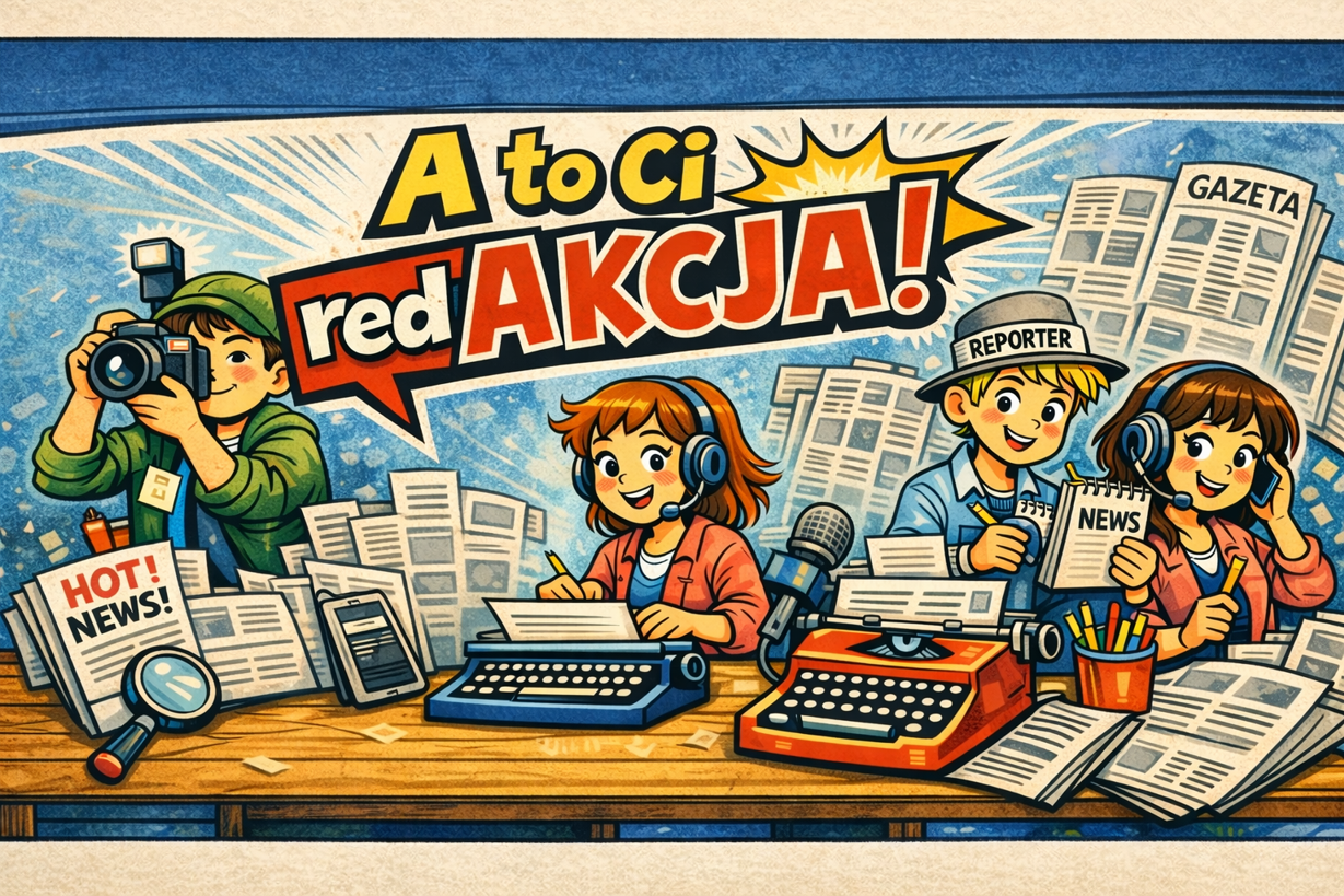 Grafika promująca spektakl Teatru Szydełko pt. &bdquo;A to Ci redAKCJA!" 