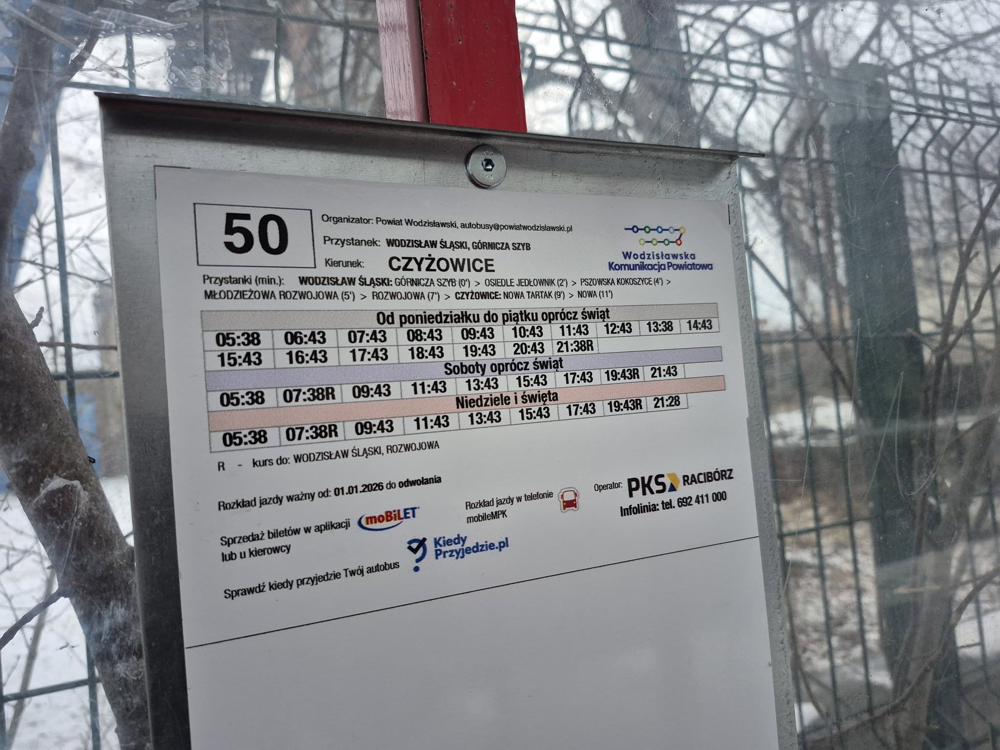 Rozkład jazdy linii 50 Wodzisławskiej Komunikacji Powiatowej